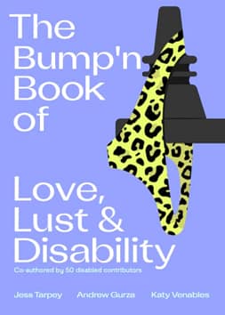 The cover of the book The Bump’n Book of Love, Lust & Disability shows a leopard print G-string hanging on a black joystick. 