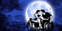 A man and women both using wheelchairs lean in t kiss in front of a big moon.