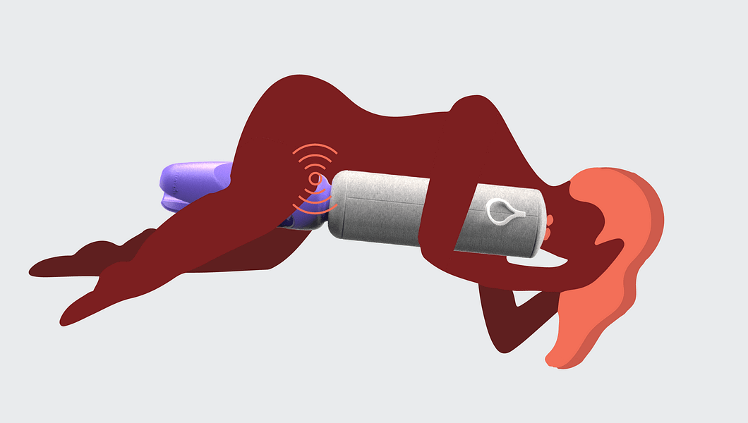 Bumpn Joystick illustration shows a person hugging the sex pillow, wrapping their arms and legs around it.