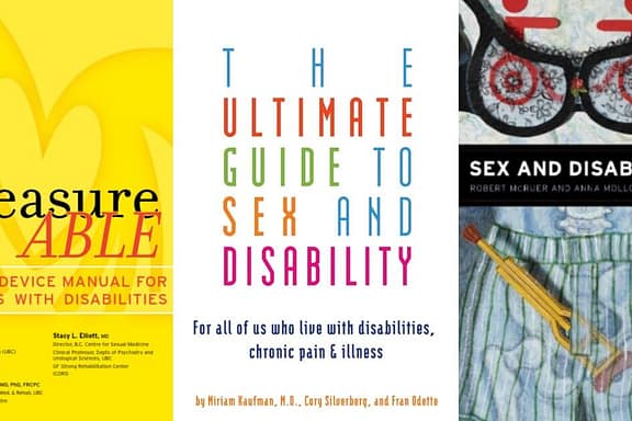 Three book covers show the titles "PleasureABLE", "The Ultimate Guide to Sex and Disability", and "Sex and Disability."