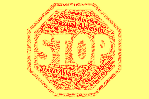 The words "sexual ableism" are repeated to create the outline of a STOP sign, on a yellow background.